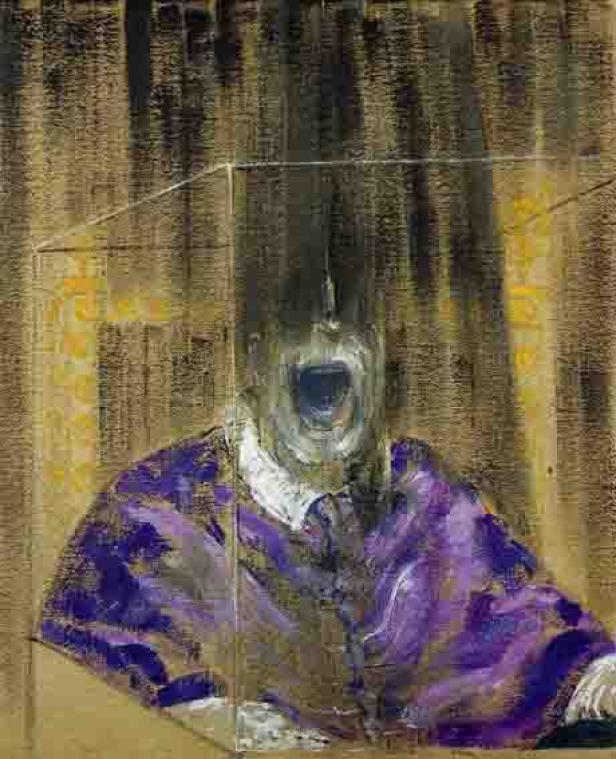 Ein Gemälde von Francis Bacon, das eine schreiende Figur in einem violetten Gewand zeigt.