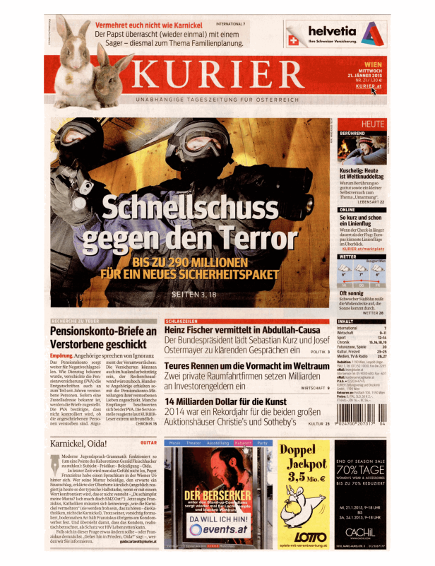 Titelseite des Kurier vom 21. Jänner 2015 mit Artikeln über Terrorismus, Pensionen und Kunst.