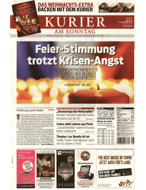 Titelseite des Kurier am Sonntag mit Artikeln zu Advent, Politik und Kultur.