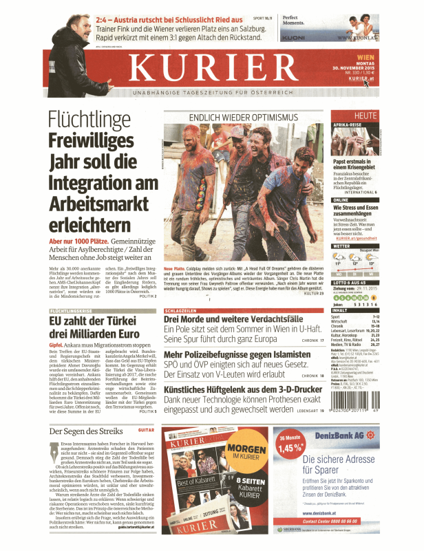 Titelseite der österreichischen Tageszeitung Kurier vom 30. November 2015.