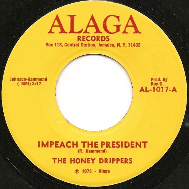 Das gelbe Schallplattencover von „Impeach The President“ von The Honey Drippers, veröffentlicht 1973 von Alaga Records.