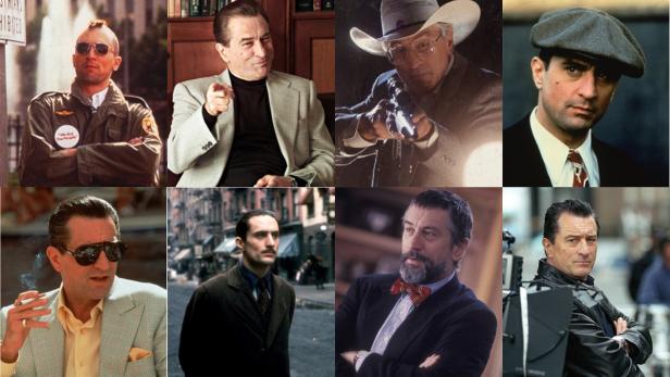 Eine Collage von Robert De Niro in verschiedenen Filmrollen.