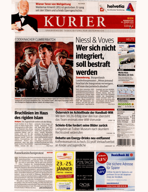 Titelseite des Kurier vom 22. Jänner 2015 mit Benedict Cumberbatch als Alan Turing.