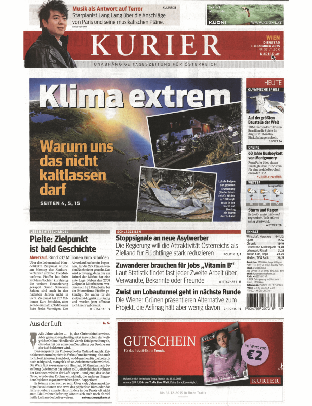Titelseite des Kurier vom 1. Dezember 2015 mit Schlagzeilen zu Klima, Asyl und Wirtschaft.