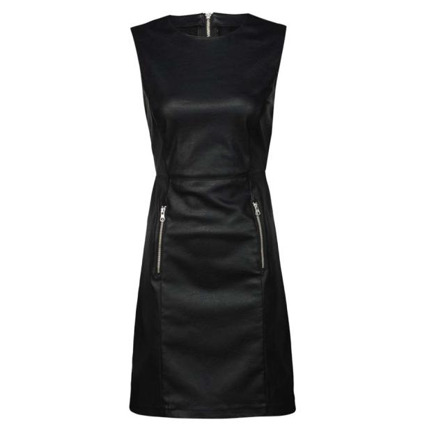 Ein ärmelloses, schwarzes Kleid in Lederoptik mit Reißverschlüssen an den Seiten.