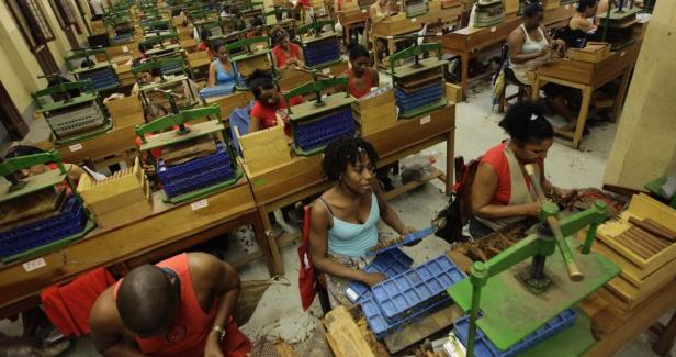 Workers roll cigars at the Partagas factory in Hav