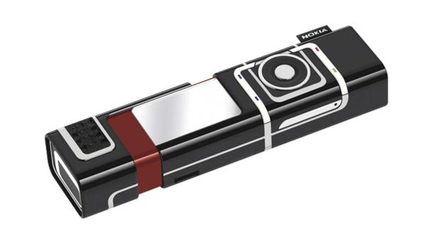 Ein Nokia-Handy mit einem ungewöhnlichen, länglichen Design liegt auf einem weißen Hintergrund.