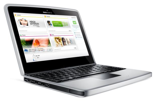 Ein silbernes Nokia Booklet 3G Netbook ist geöffnet und zeigt verschiedene Anwendungen.