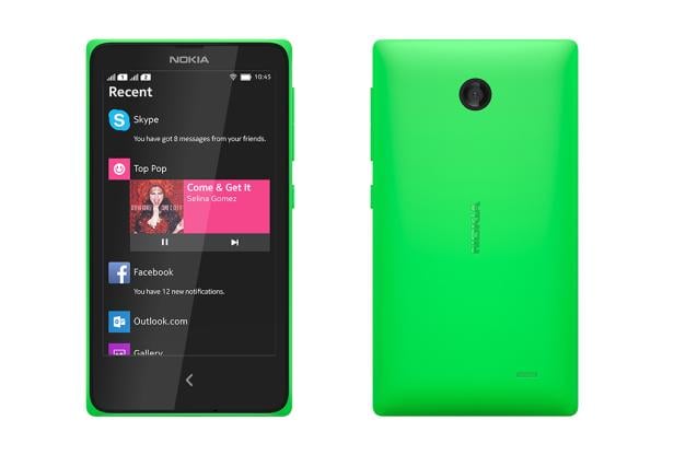 Ein grünes Nokia Smartphone zeigt Benachrichtigungen von Skype, Facebook und Outlook.