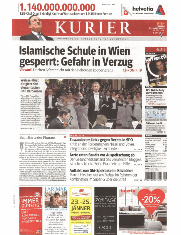 Titelseite der Zeitung „Kurier“ vom 23. Jänner 2015 mit verschiedenen Artikeln und Anzeigen.