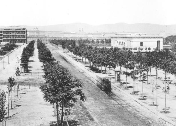 Eine Allee mit Bäumen und einer Straßenbahn in einer historischen Aufnahme.