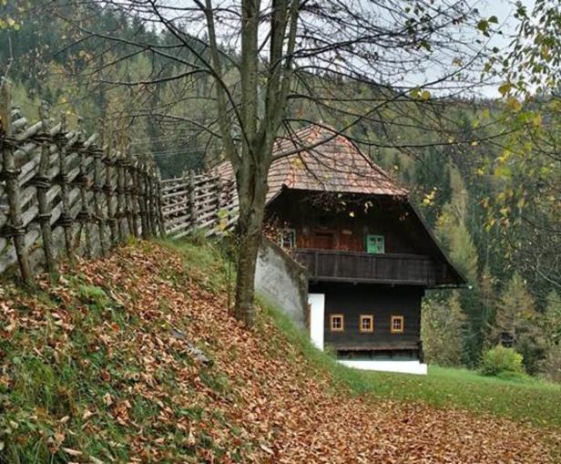 Ein traditionelles Holzhaus mit rotem Ziegeldach steht an einem Hang im Herbst.