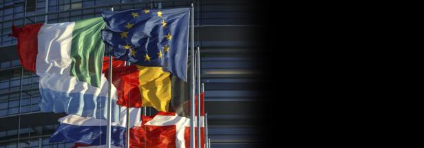 Verschiedene Nationalflaggen und die Europaflagge wehen vor einem Gebäude.