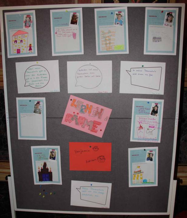 Eine Pinnwand mit Kinderzeichnungen und Texten zum Thema „Das bin ich“ und „Meine Traumschule“.