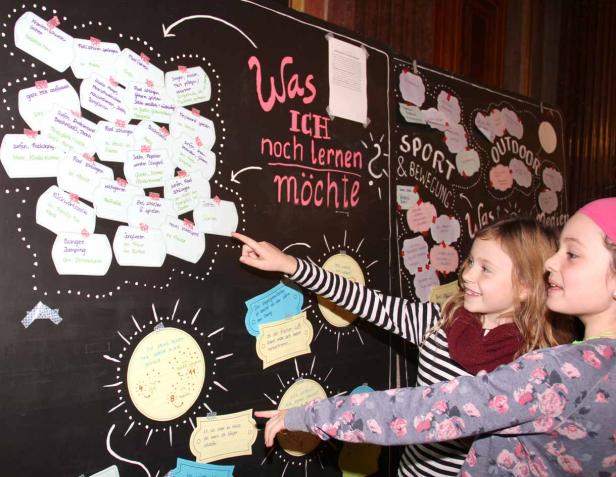 Zwei Mädchen stehen vor einer Tafel mit der Aufschrift „Was ich noch lernen möchte“.