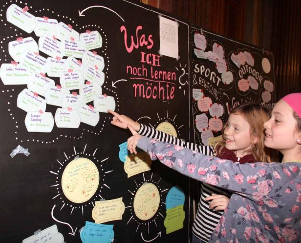 Zwei Mädchen stehen vor einer Tafel mit der Aufschrift „Was ich noch lernen möchte“.