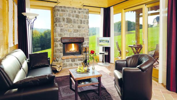 Ein Wohnzimmer mit Kamin, Ledersofa und Blick ins Grüne.