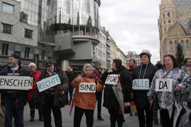 Eine Gruppe von Menschen demonstriert mit Schildern in Wien vor dem Stephansdom.