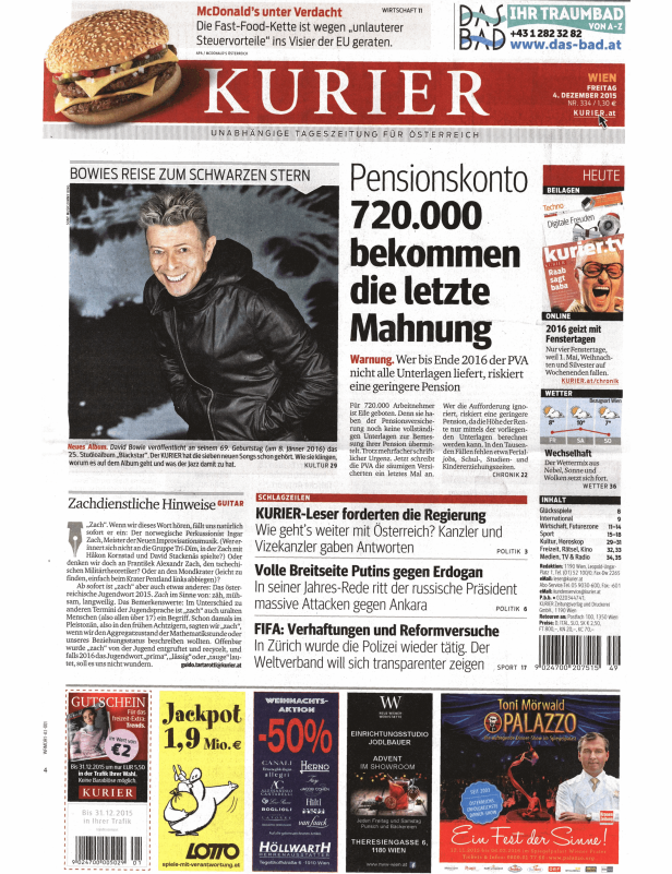 Titelseite des Kurier vom 4. Dezember 2015 mit David Bowie und Artikeln zu verschiedenen Themen.