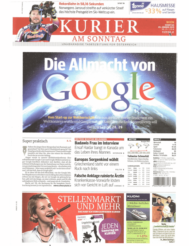 Titelseite des Kurier am Sonntag mit einem Artikel über die Allmacht von Google und einem Foto von Skirennläufer Kjetil Jansrud.
