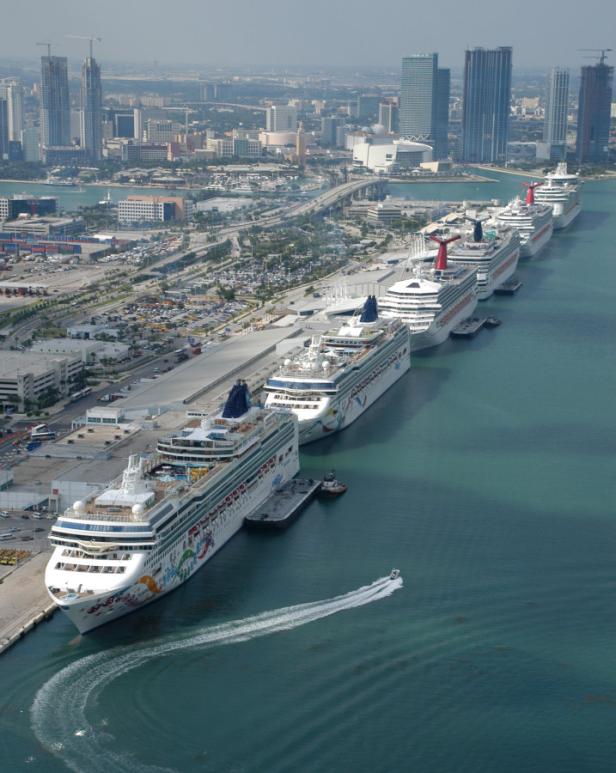 Mehrere Kreuzfahrtschiffe liegen im Hafen von Miami vor der Skyline der Stadt.