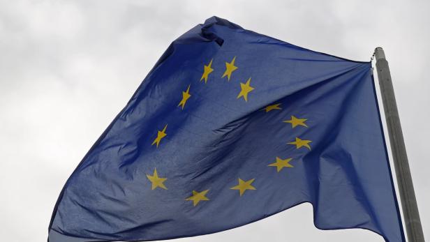 Die Europaflagge weht an einem grauen Tag im Wind.