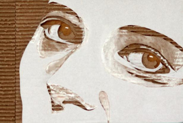 Eine abstrakte Darstellung eines Gesichts mit braunen und weißen Farbtönen.