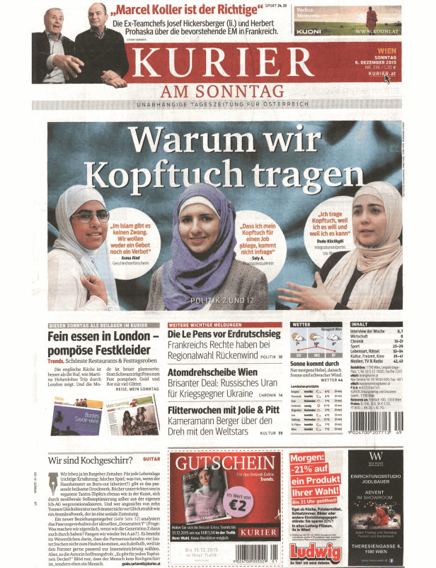 Titelseite des Kurier am Sonntag, 6. Dezember 2015, mit Artikeln über Kopftücher und Politik.