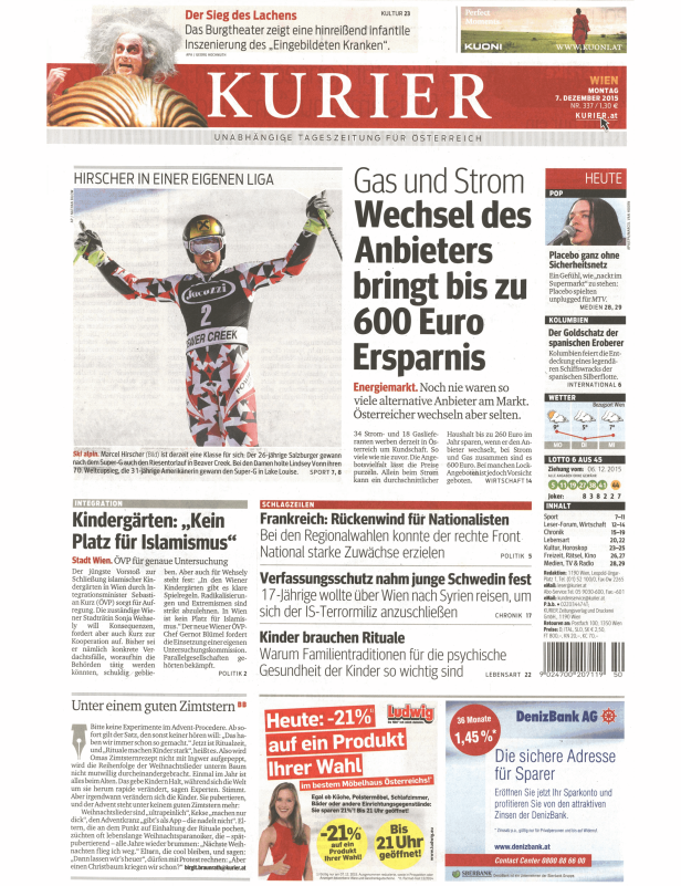 Titelseite des Kurier vom 7. Dezember 2015 mit Nachrichten über Sport, Politik und Wirtschaft.