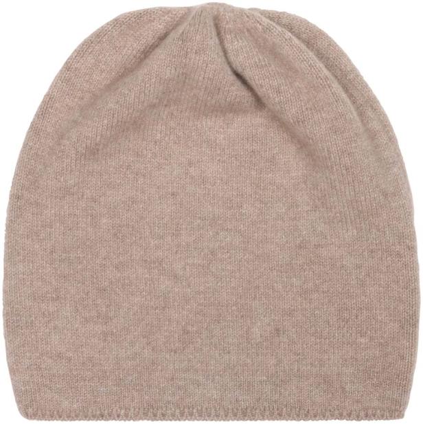 Eine hellbraune, gestrickte Mütze.