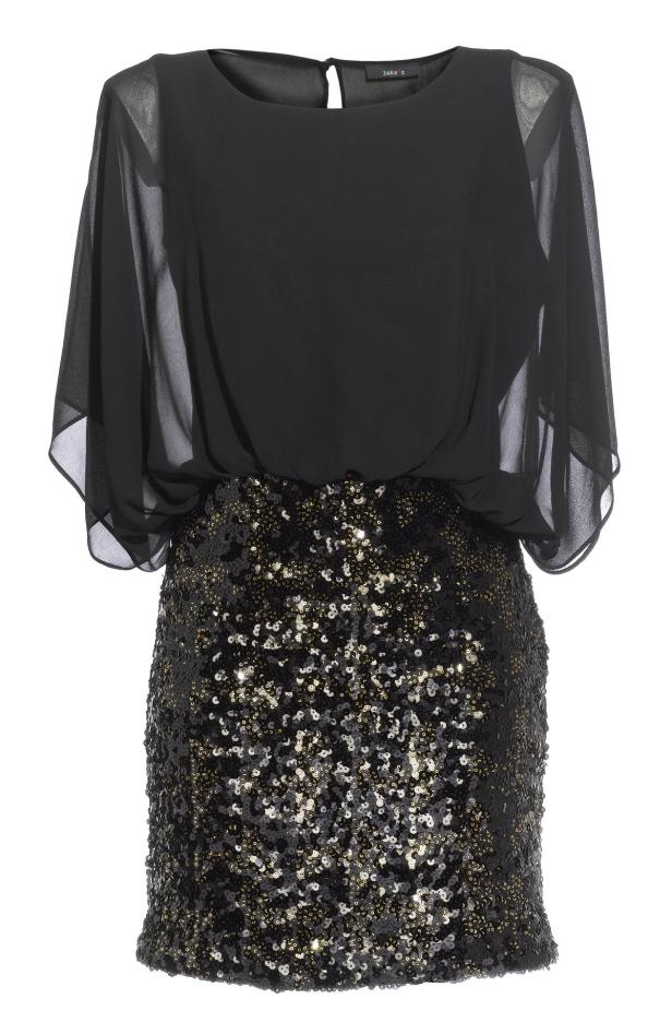 Ein schwarzes Kleid mit Paillettenrock.