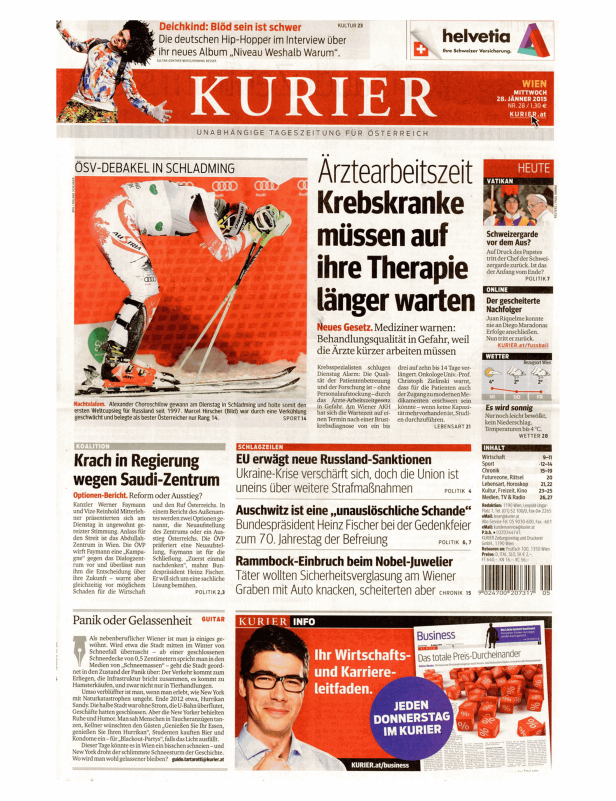 Titelseite der österreichischen Tageszeitung „Kurier“ vom 28. Jänner 2015.