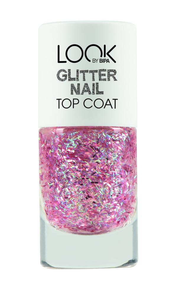 Eine Flasche „Look by Bipa“ Glitzer-Nagellacküberlack in Rosa.