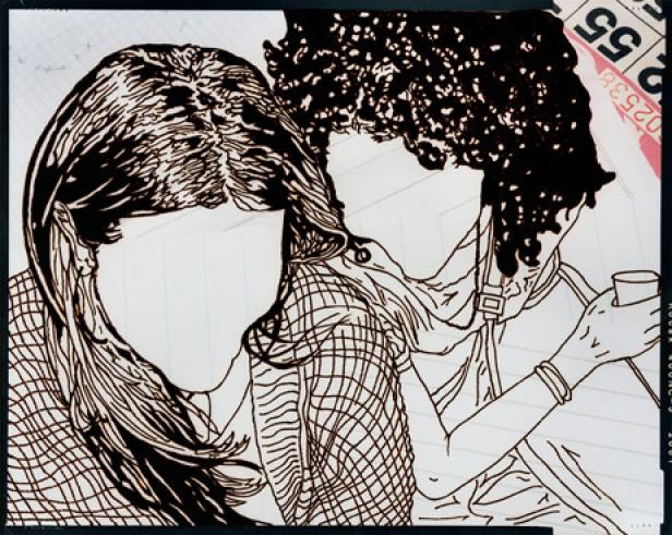Eine Strichzeichnung von zwei Frauen, eine mit lockigem Haar, die andere mit langem, glattem Haar.