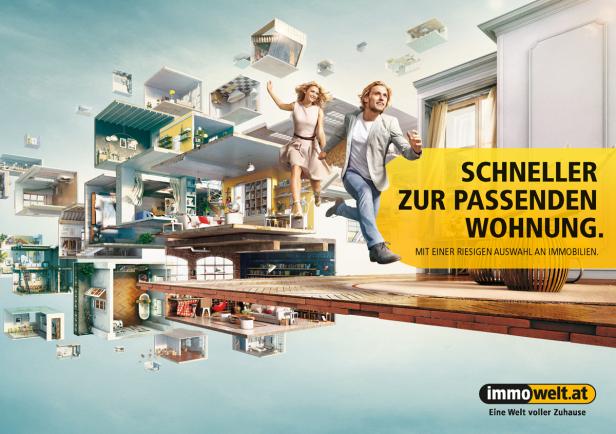 Ein Paar rennt durch eine surreale Welt aus Wohnungsmodulen, Werbung für Immowelt.at.