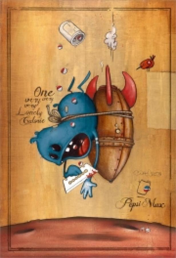 Ein blaues, cartoonartiges Monster ist an eine Rakete gefesselt, während Pillen herunterfallen.