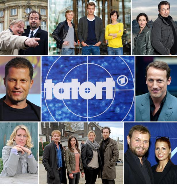 Collage mit verschiedenen Teams der deutschen Krimireihe „Tatort“.
