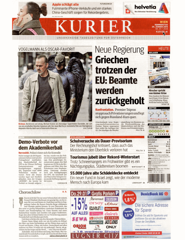 Titelseite der Zeitung „Kurier“ vom 29. Januar 2015.