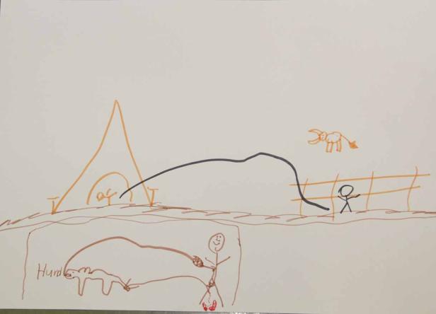 Eine Kinderzeichnung zeigt ein Zelt, eine Berglandschaft, ein Tier und einen Jungen mit einem Hund.