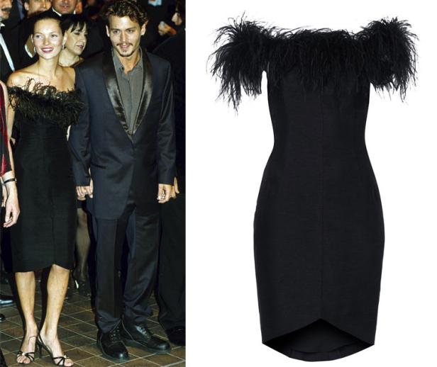 Kate Moss und Johnny Depp tragen beide schwarze Kleidung, daneben ein schwarzes, schulterfreies Kleid mit Federn.