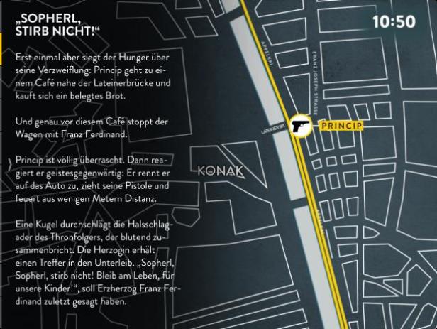Eine Karte zeigt den Weg von Princip in Sarajevo und die Stelle des Attentats auf Franz Ferdinand.