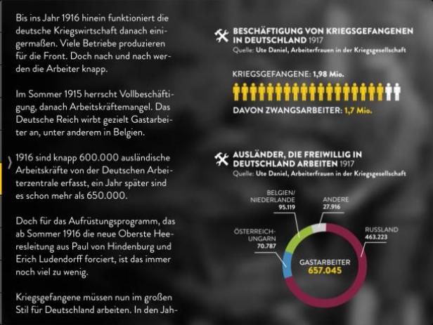 Eine Infografik zur Beschäftigung von Kriegsgefangenen und ausländischen Arbeitskräften in Deutschland im Jahr 1917.