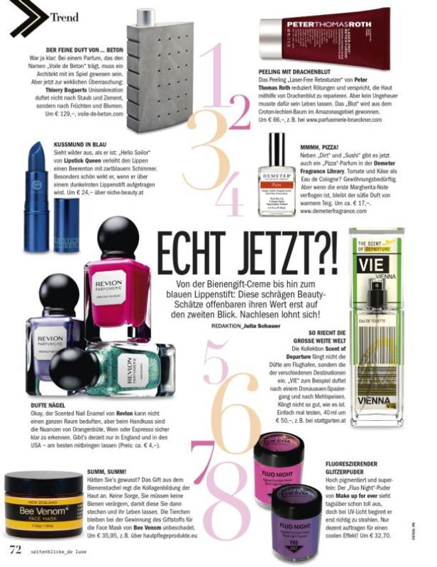 Eine Sammlung von verschiedenen Kosmetikprodukten, darunter Parfums, Lippenstifte und Gesichtsmasken.