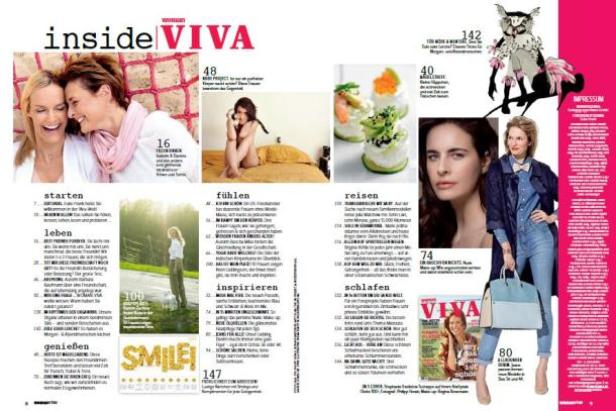 Eine geöffnete Zeitschrift „Viva“ mit verschiedenen Artikeln und Bildern.