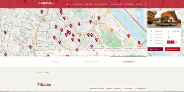 Eine Karte von Wien mit Markierungen für Anker-Filialen.