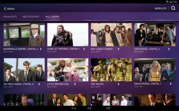 Ein Bildschirm mit Vorschaubildern verschiedener Fernsehserien wie „Game of Thrones“ und „Boardwalk Empire“.