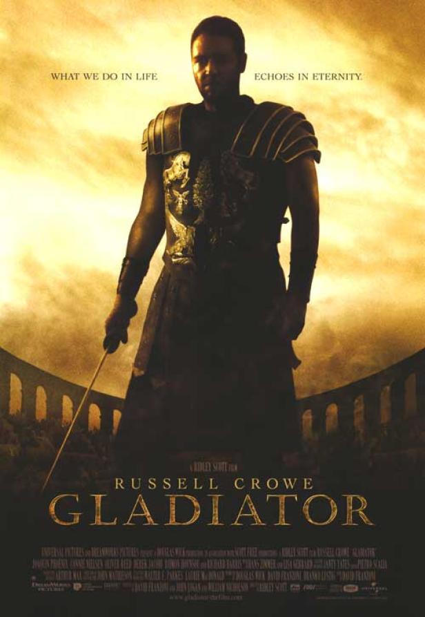 Das Filmplakat für „Gladiator“ mit Russell Crowe in Rüstung.