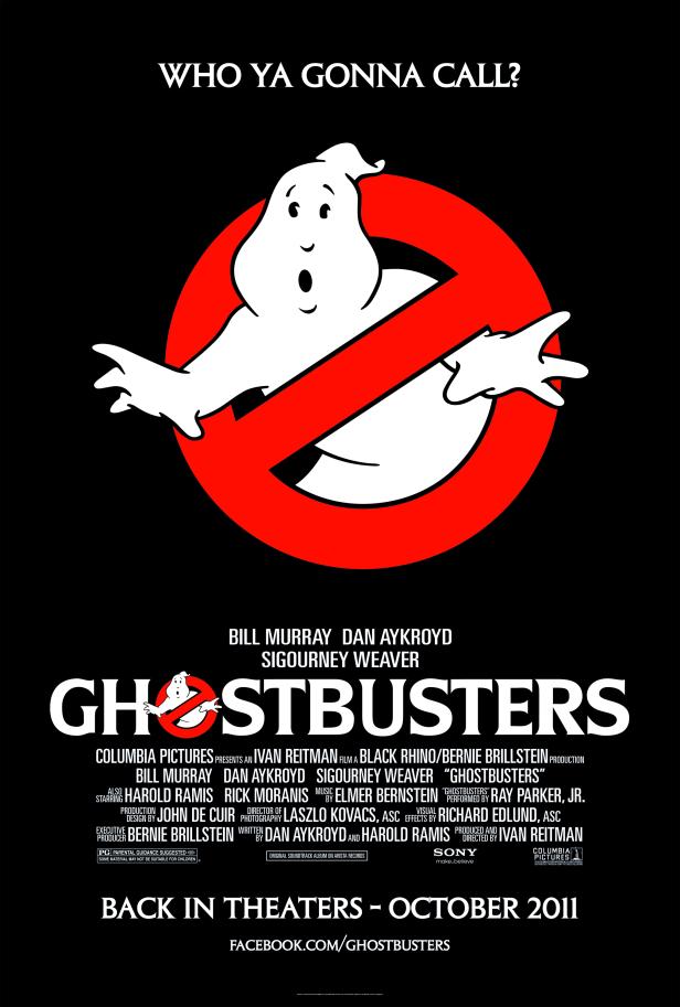 Das Logo der „Ghostbusters“ mit dem durchgestrichenen Geist auf schwarzem Hintergrund.