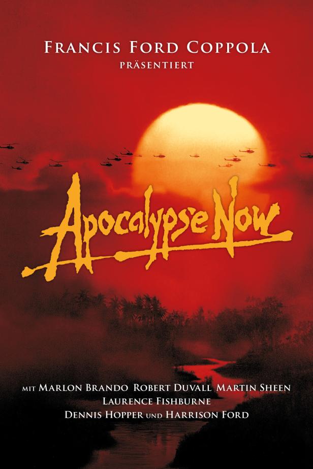 Das Filmplakat für „Apocalypse Now“ zeigt einen roten Himmel mit Helikoptern und Marlon Brando, Robert Duvall, Martin Sheen und Harrison Ford.