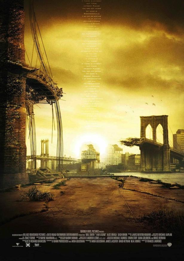 Das zerstörte New York City mit der Brooklyn Bridge im Hintergrund, wie auf dem Filmplakat von „I Am Legend“.